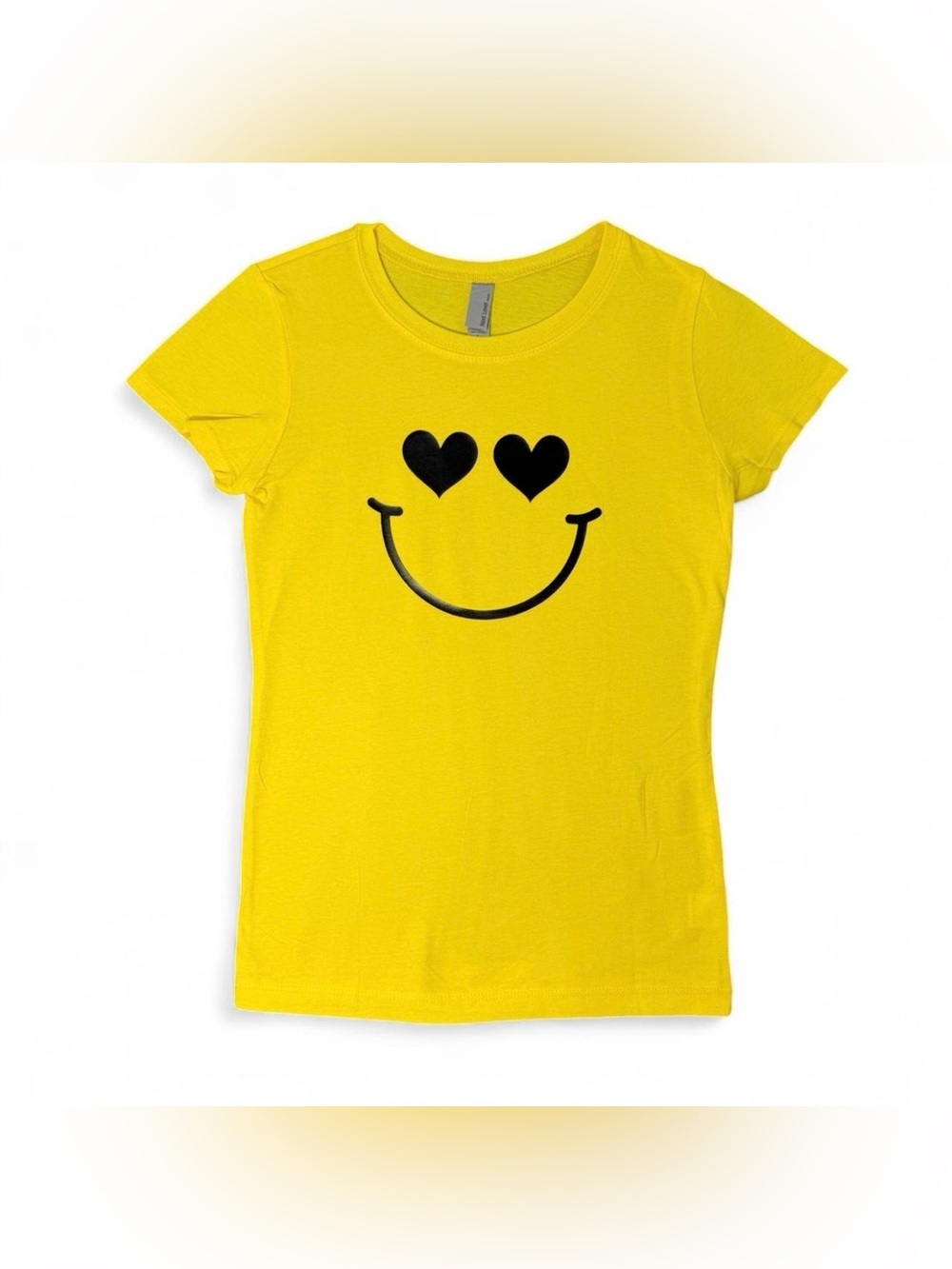 Girls Bright Yellow Heart Eyes Smiley Graphic Shirt Custom HTV Size Large NWOT